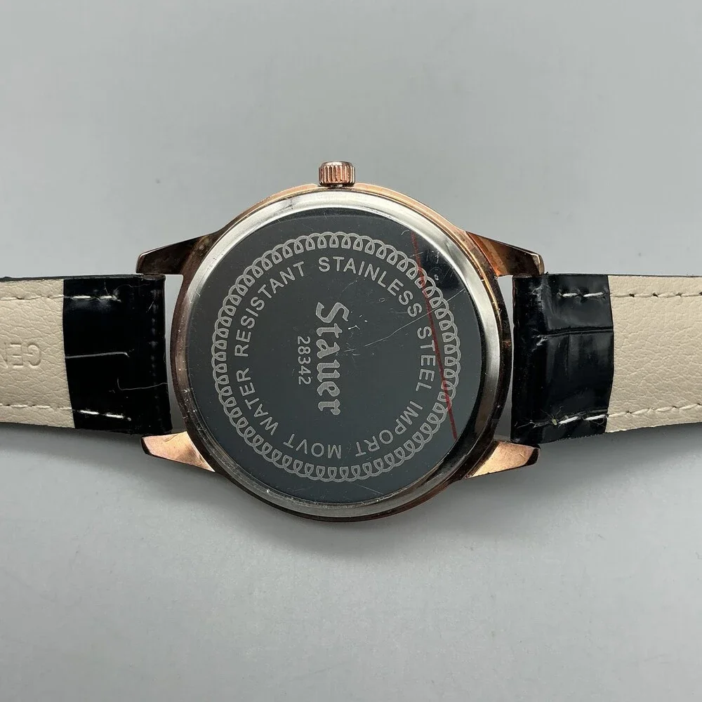 Stauer Womens Watch 38mm Silver Gold Tone Crystals Black Leather Strap